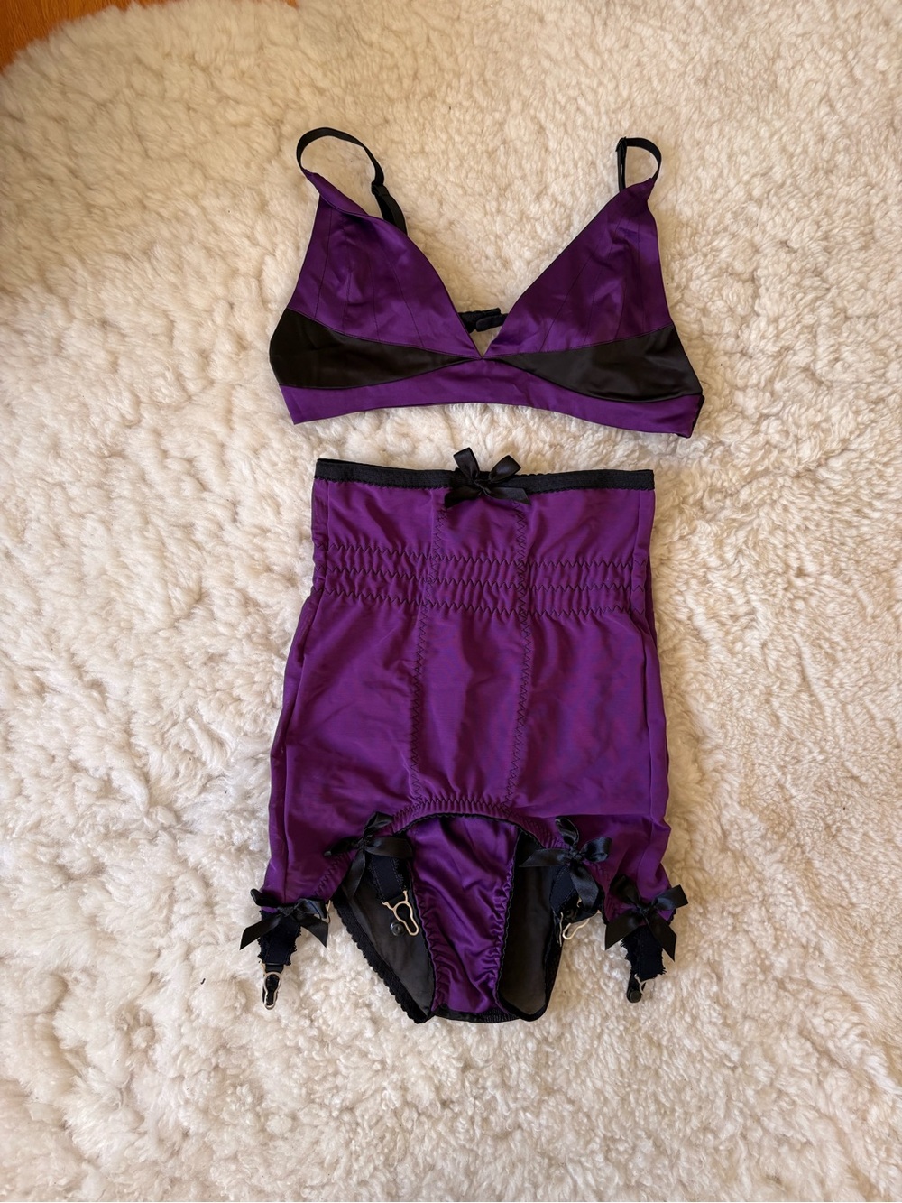 Kiss Me Deadly Purple Satin Bralette, Panty and Garter Set Size S/M